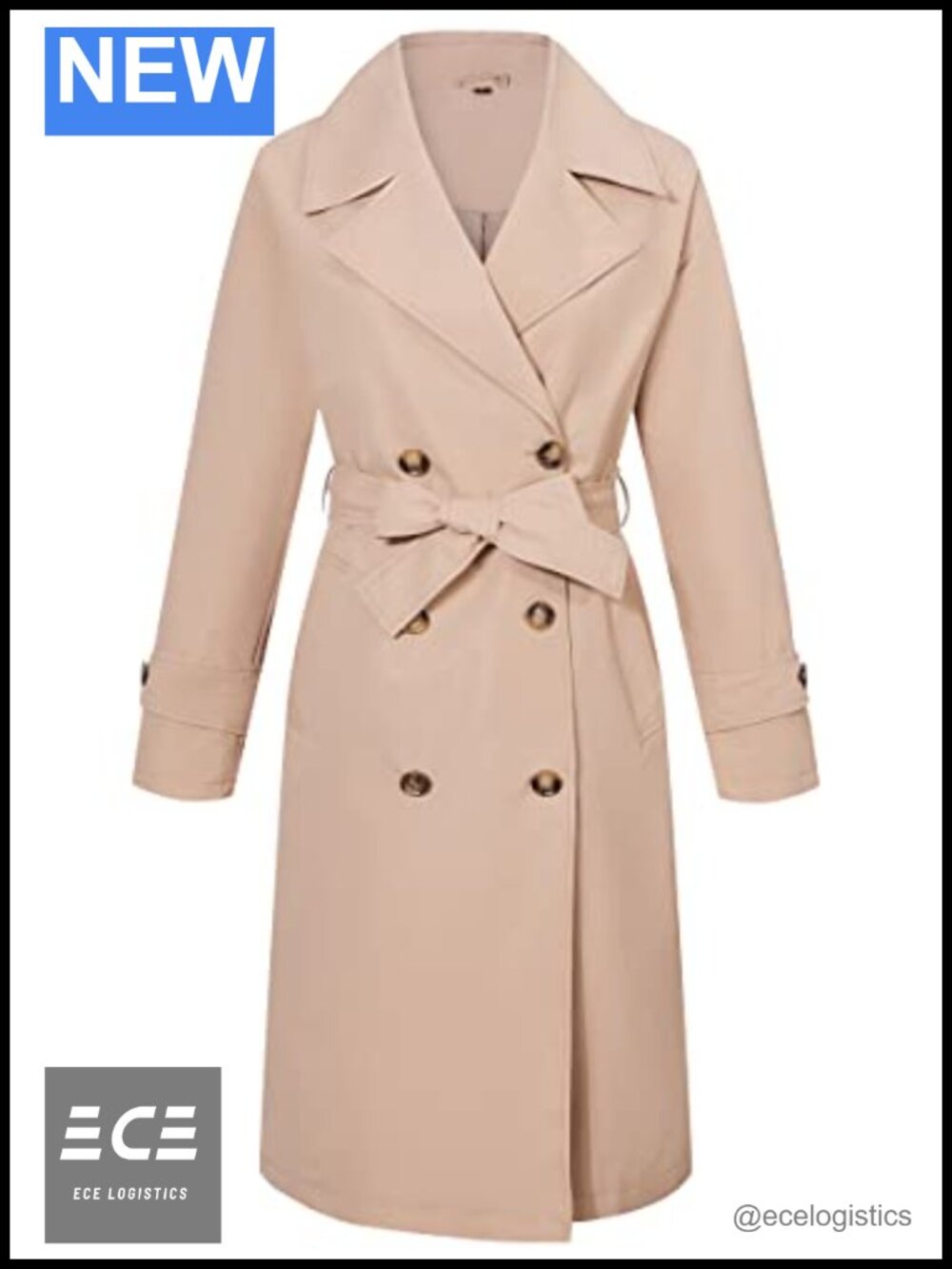 Women Double-Breasted Trench Coat Water Resistant Belted Knee Length Polyester